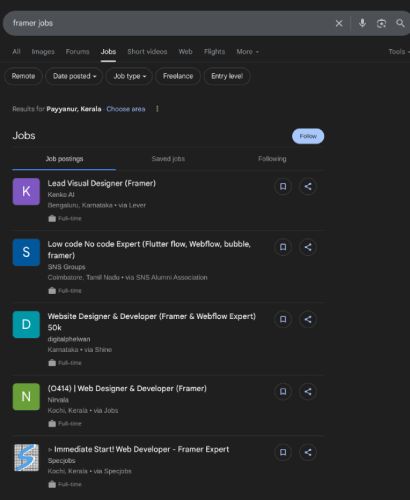 Framer internship jobs in Kannur