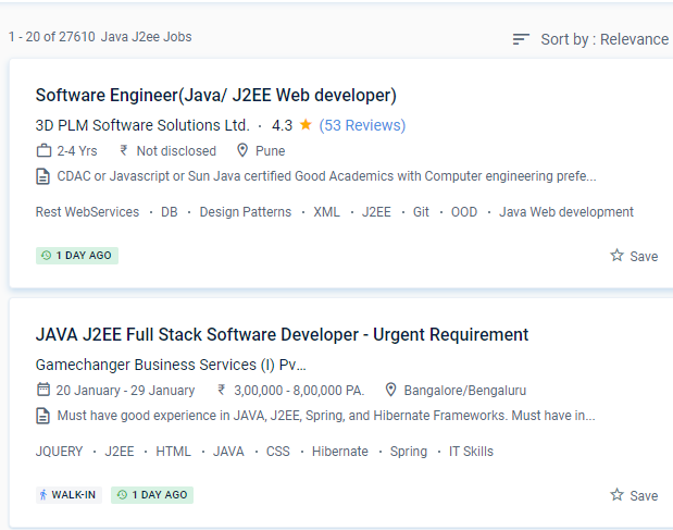 Java J2EE internship jobs in Kannur